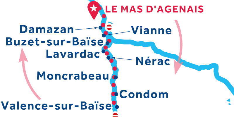 Navigatie kaart van Mas-d'Agenais en terug via Valence-sur-Baise