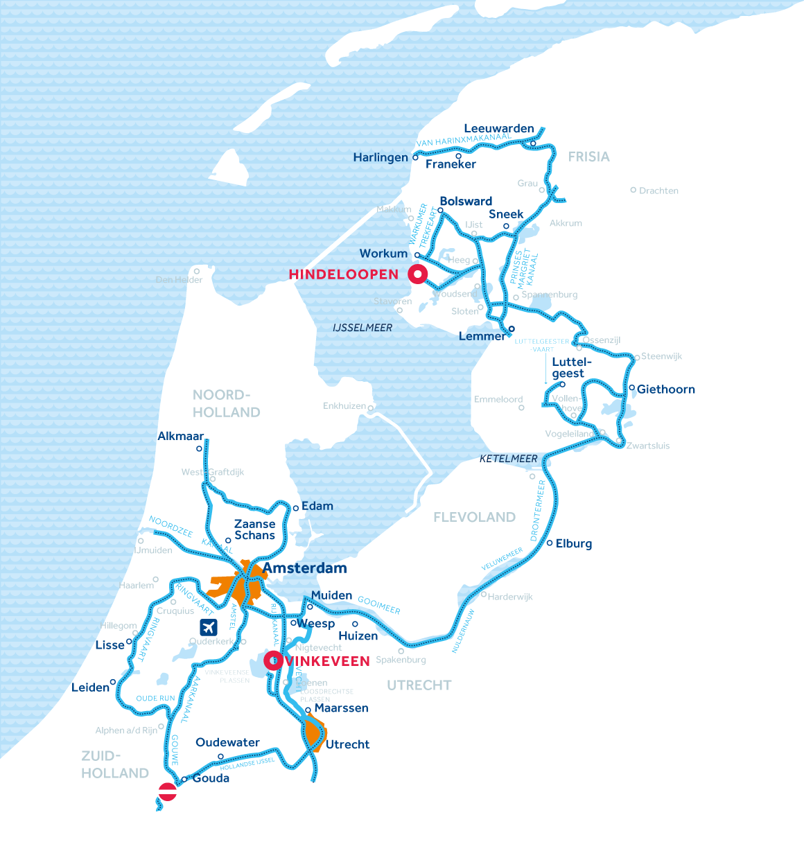 Kaart van de vaarregio: Midden-Nederland, Amsterdam en Friesland