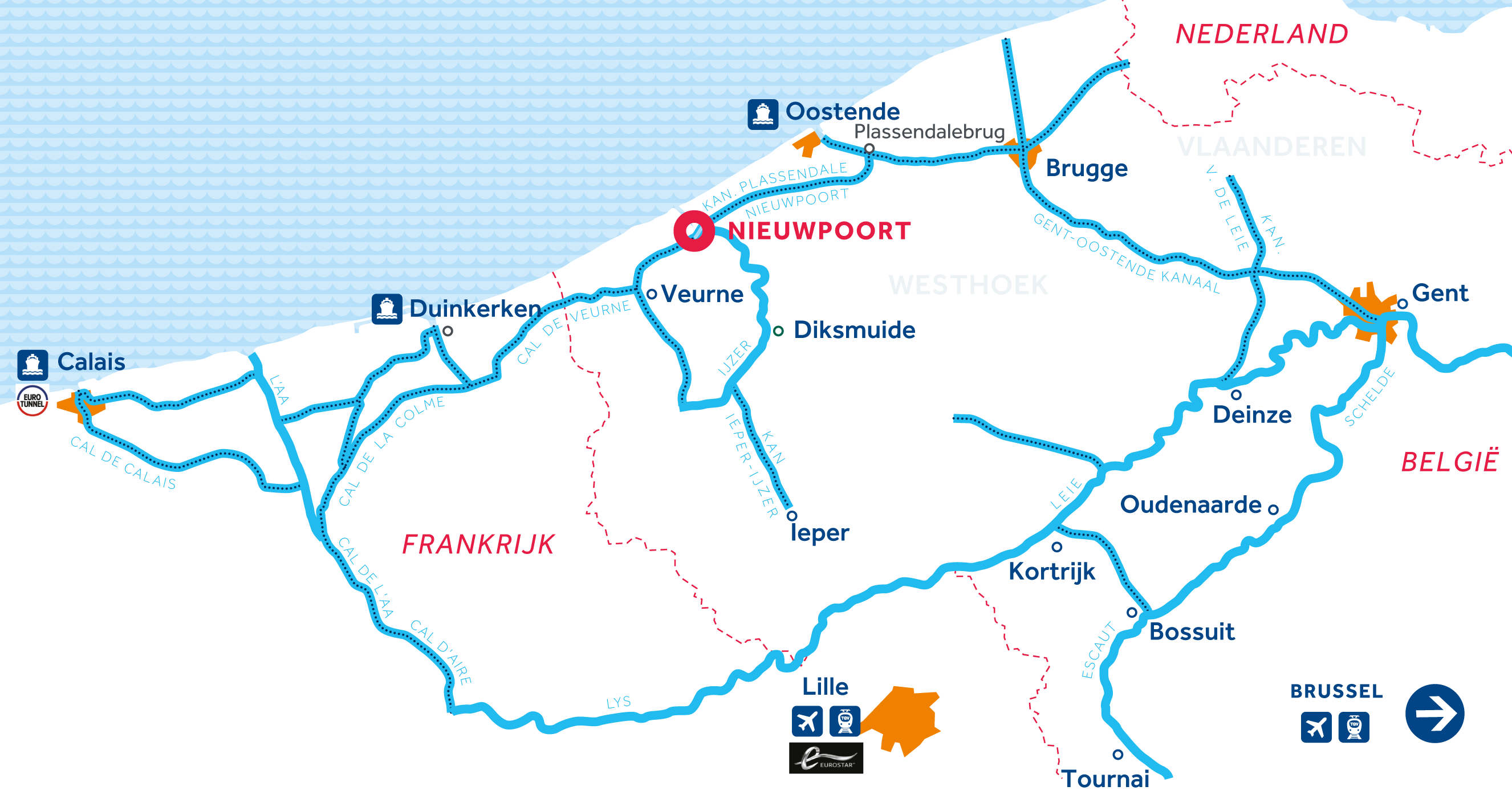 Kaart van de vaarregio: Vlaanderen