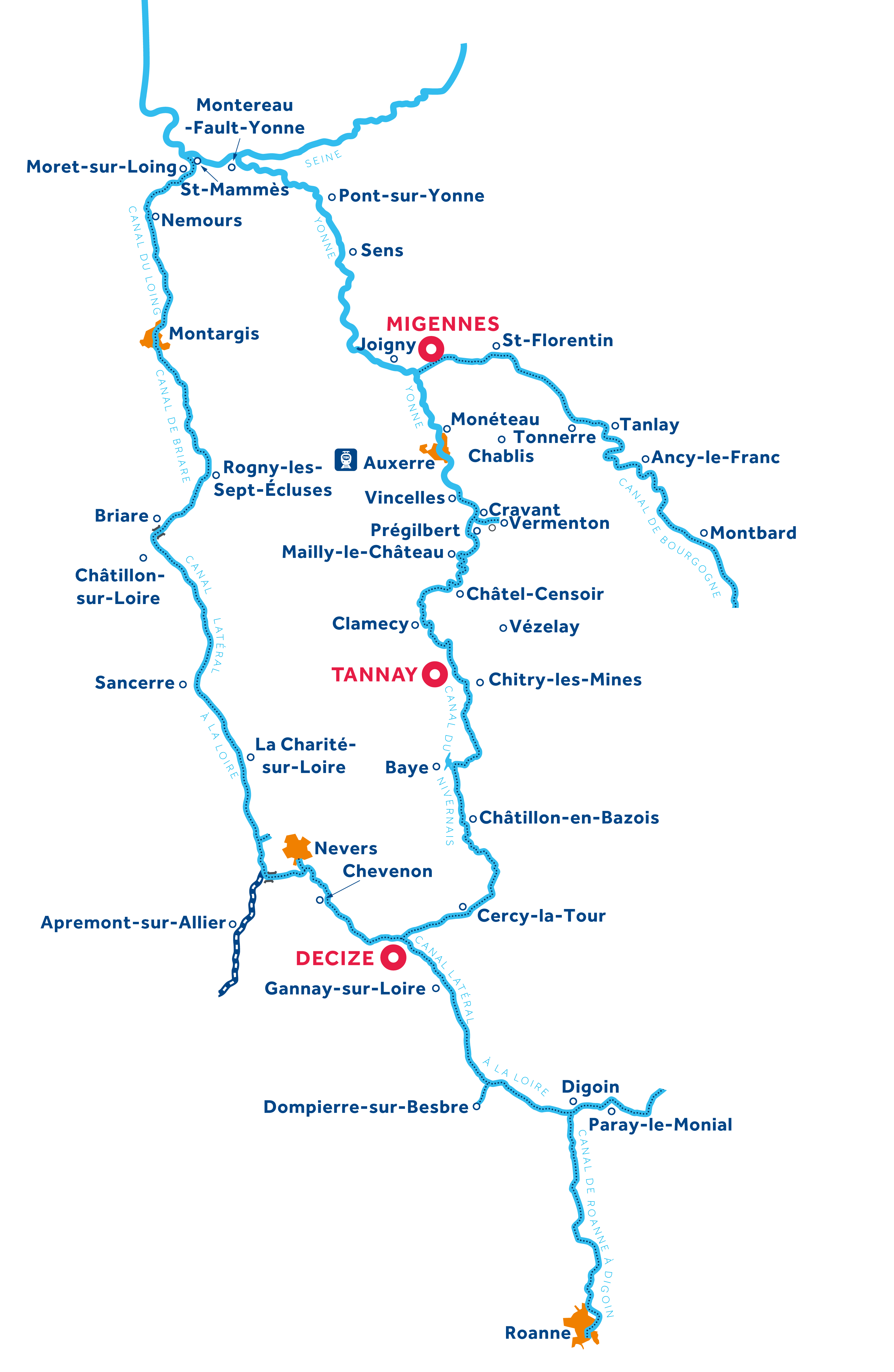 Kaart van de vaarregio: Bourgondië: Nivernais & Loire